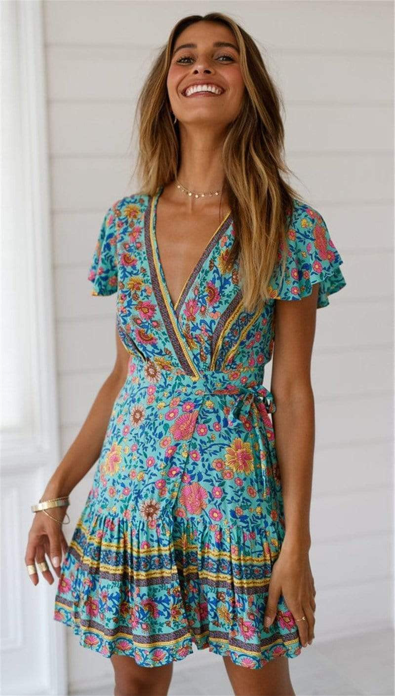 Minivestido bohemio con estampado floral verde