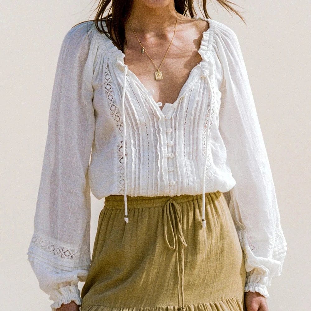Blusa blanca de manga larga estilo bohemio vintage
