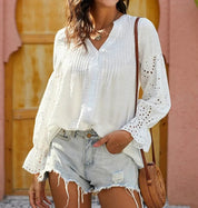 Blusa bohemia de encaje de manga larga blanca