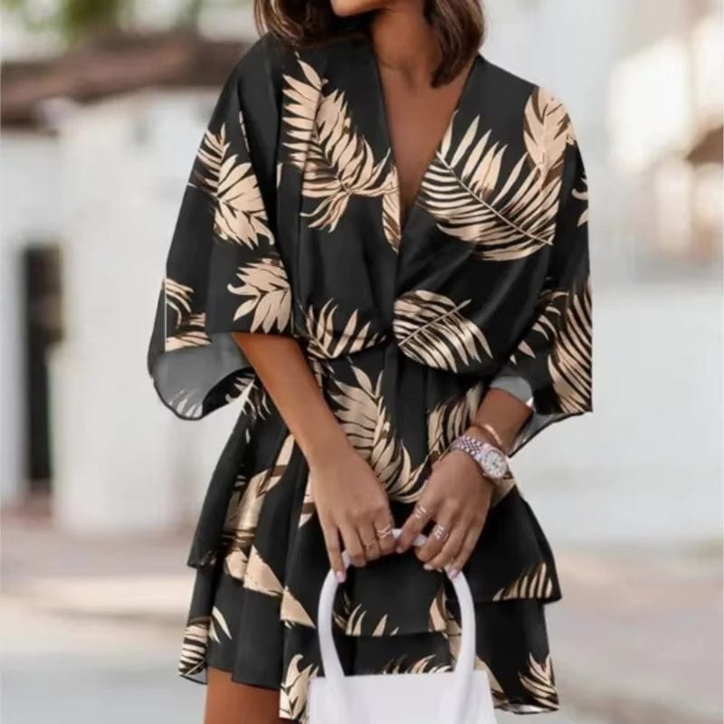 Minivestido floral negro con estampado de hojas