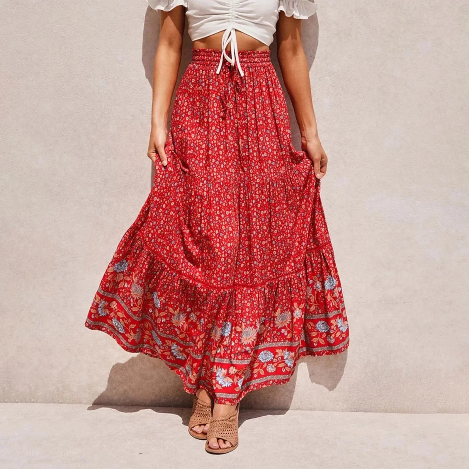 Falda larga de cintura alta con estampado floral bohemio