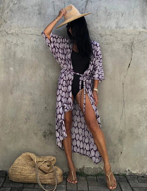 Traje de baño tipo kimono largo con estampado floral
