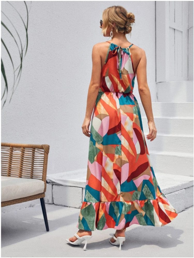 Vestido maxi halter bohemio colorido de verano