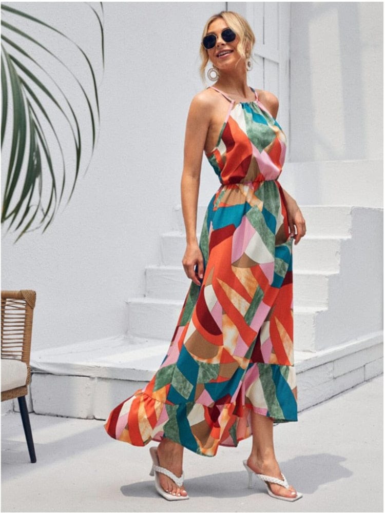 Vestido maxi halter bohemio colorido de verano