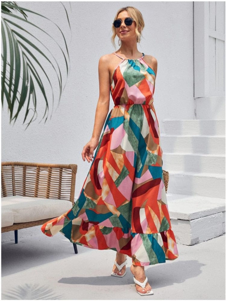 Vestido maxi halter bohemio colorido de verano