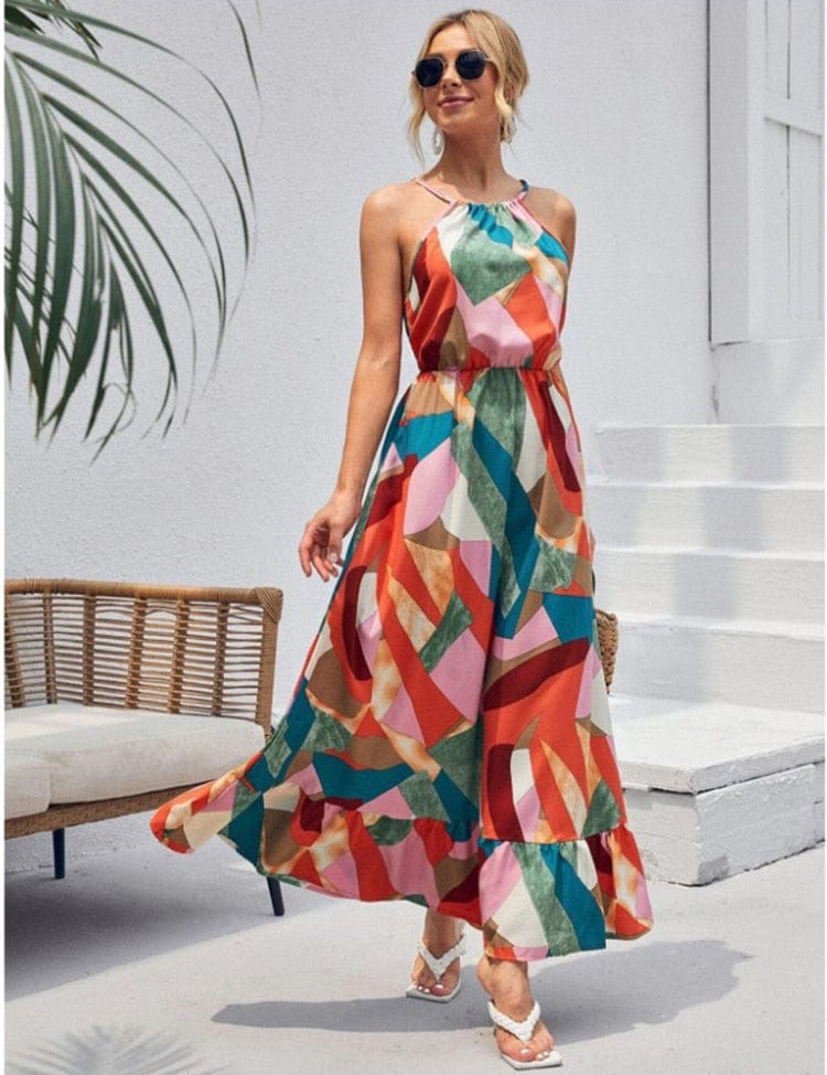 Vestido maxi halter bohemio colorido de verano