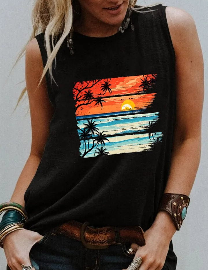 Camiseta vintage con puesta de sol tropical