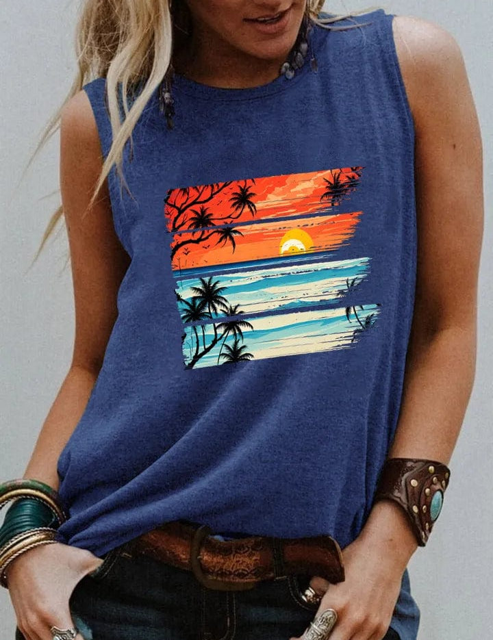 Camiseta vintage con puesta de sol tropical