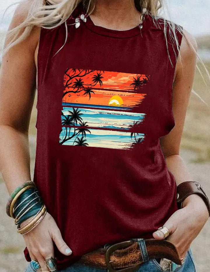 Camiseta vintage con puesta de sol tropical