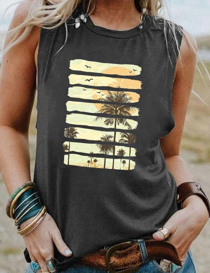 Tanque vintage con puesta de sol en la palmera
