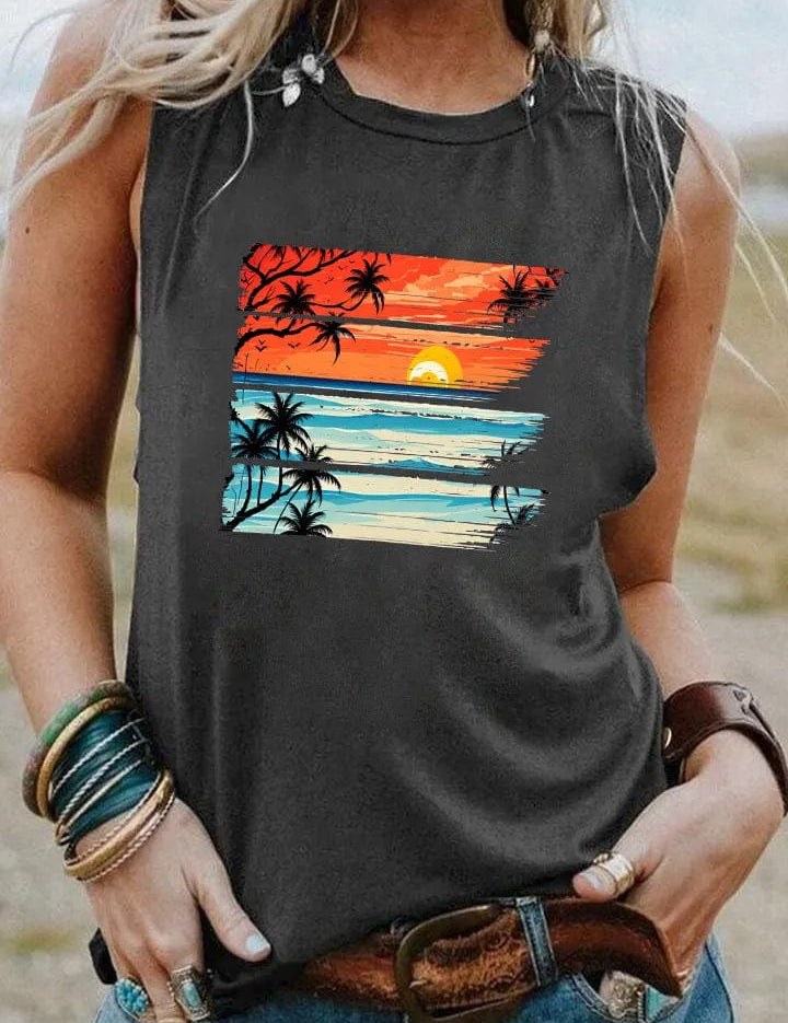 Camiseta vintage con puesta de sol tropical