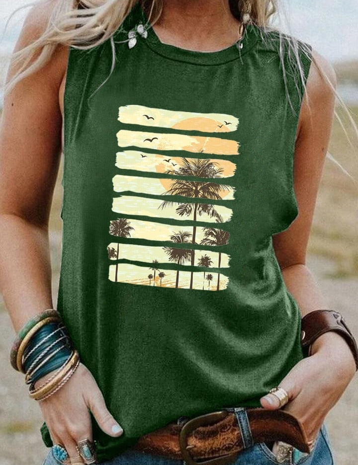 Tanque vintage con puesta de sol en la palmera