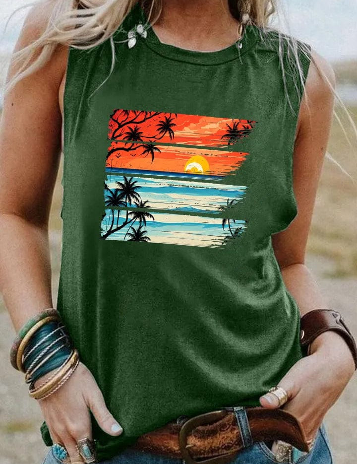 Camiseta vintage con puesta de sol tropical