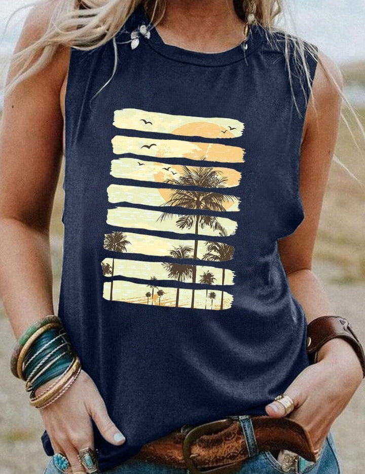 Tanque vintage con puesta de sol en la palmera