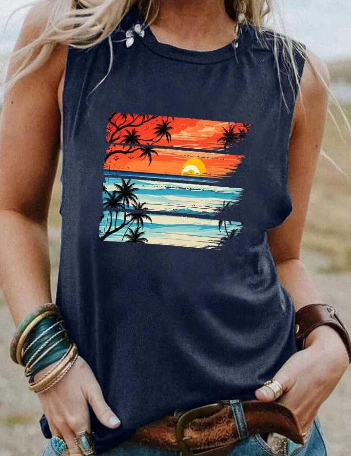 Camiseta vintage con puesta de sol tropical